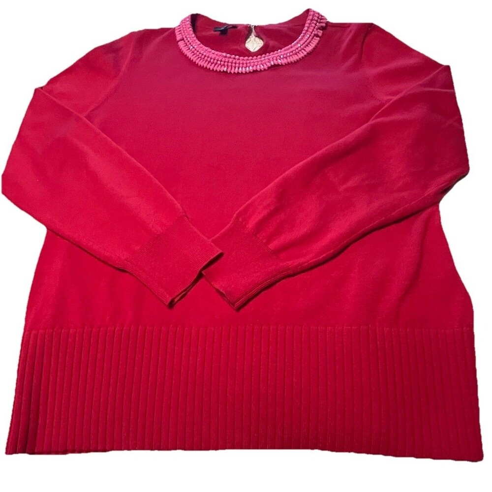 Talbots Women's Sweater M Red/Pink Beading Long Sleeve Cotton Blend Round Neck